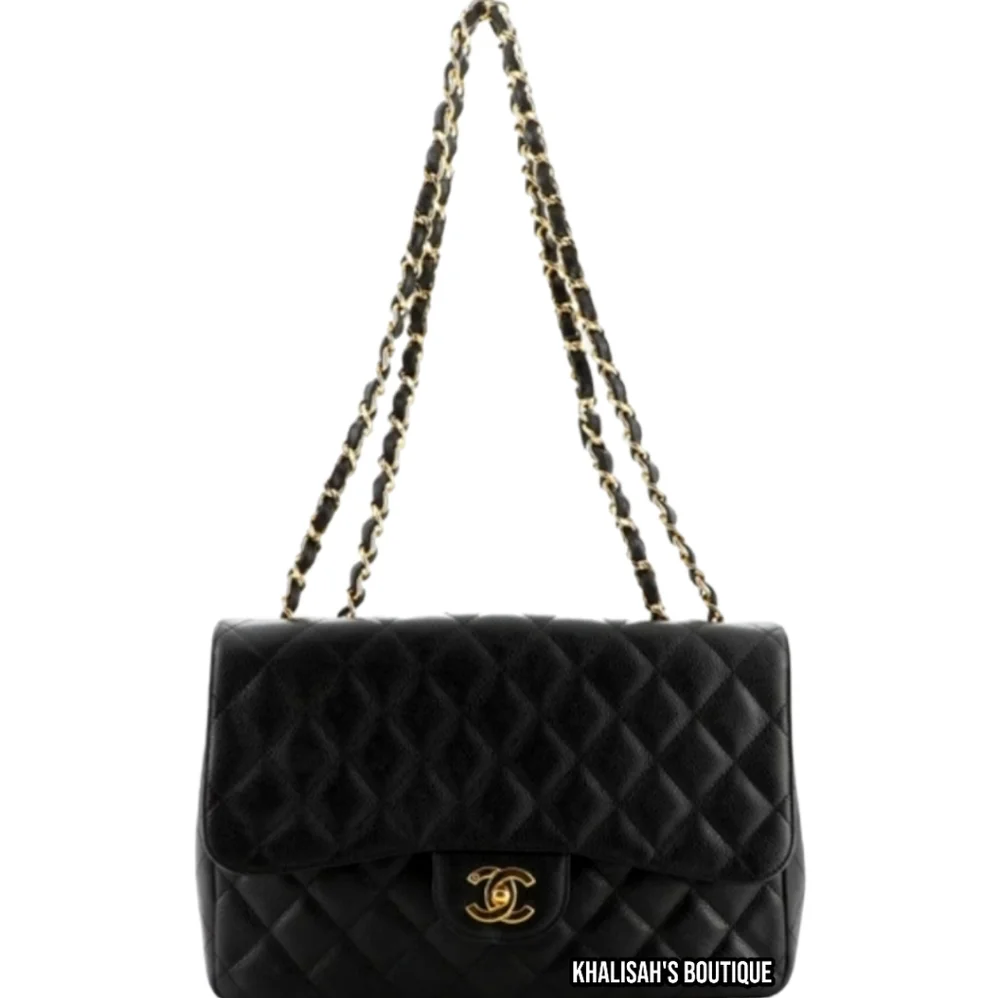 Rare! Chanel CC 24 kt Gold HW Classic Single Flap Bag Quilted BLACK Caviar JUMBO - Picture 4 of 16